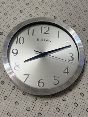 Bulova Silver Wall Clock with Blue Hands and Silver Dial